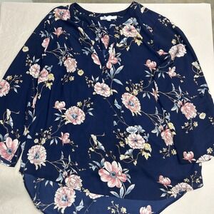 DR2 Daniel Rainn Tunic LARGE Navy Blue Floral Top V Neck 3/4 Roll Tab Sl HI LO